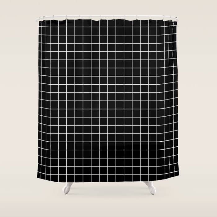 Black Grid White Lines| Black Aesthetic Shower Curtain