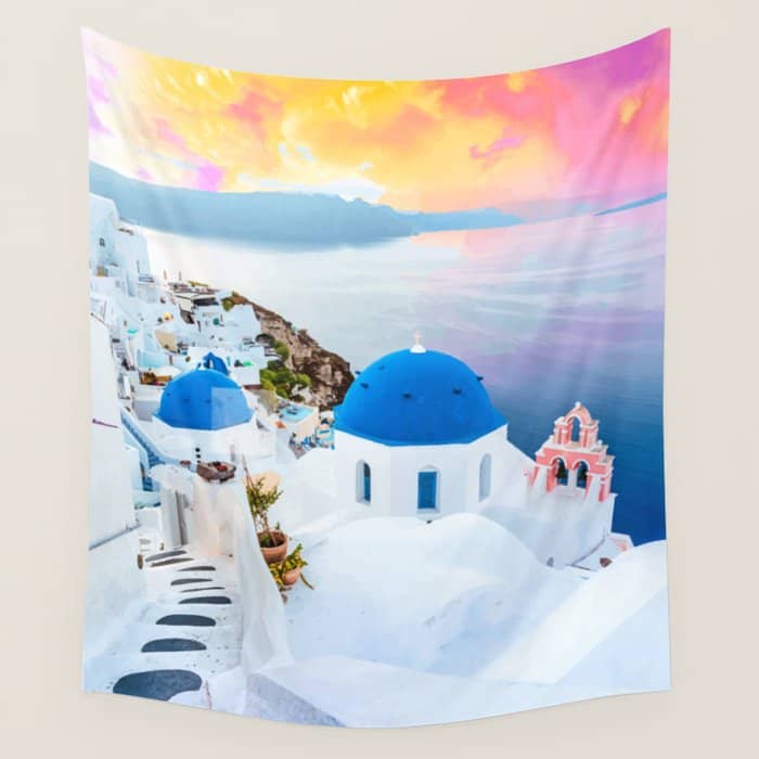 Greek Fantasy, Greece Travel Tropical Photography, Nature Landscape Ocean Architecture Graphic Wall Tapestry