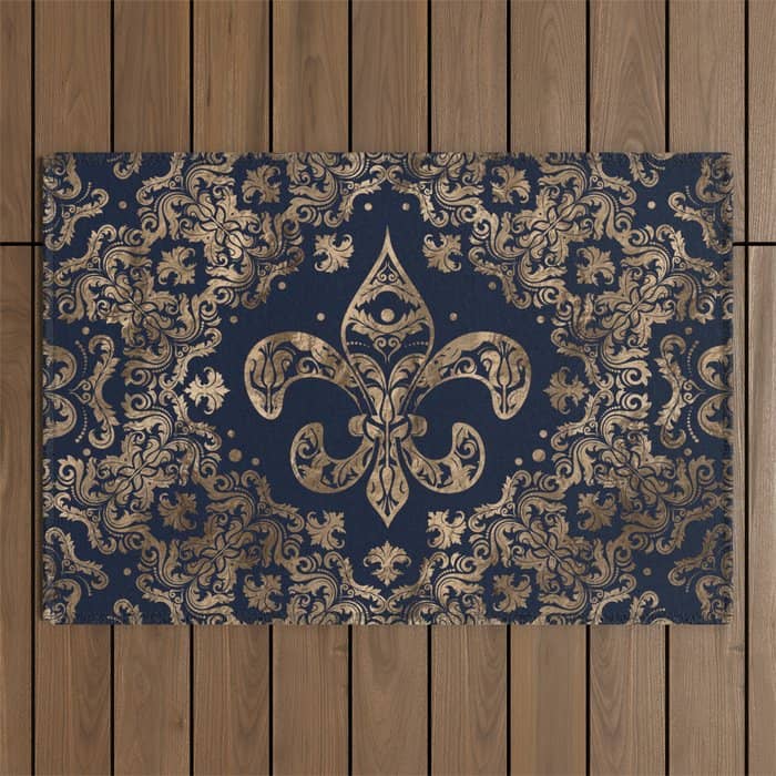 Luxury Fleur-De-Lis Ornament - Gold And Dark Blue Outdoor Rug