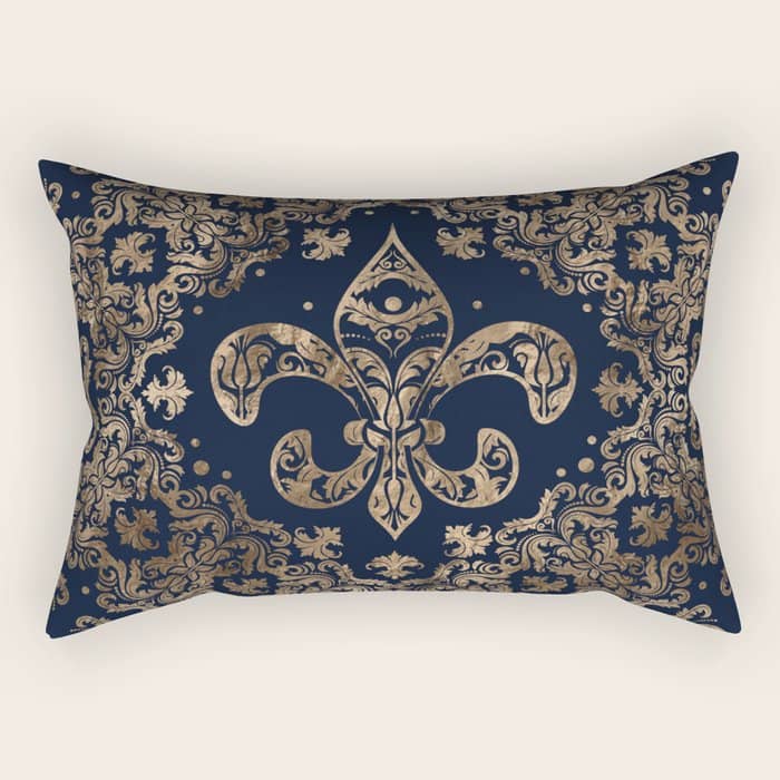 Luxury Fleur-De-Lis Ornament - Gold And Dark Blue Rectangular Pillow