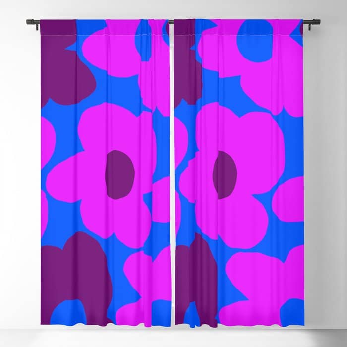 Large Pink And Purple Retro Flowers Blue Background #Decor #Homestorie #Buyart Window Curtain