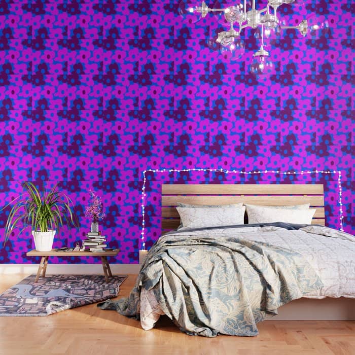Large Pink And Purple Retro Flowers Blue Background #Decor #Homestorie #Buyart Wallpaper