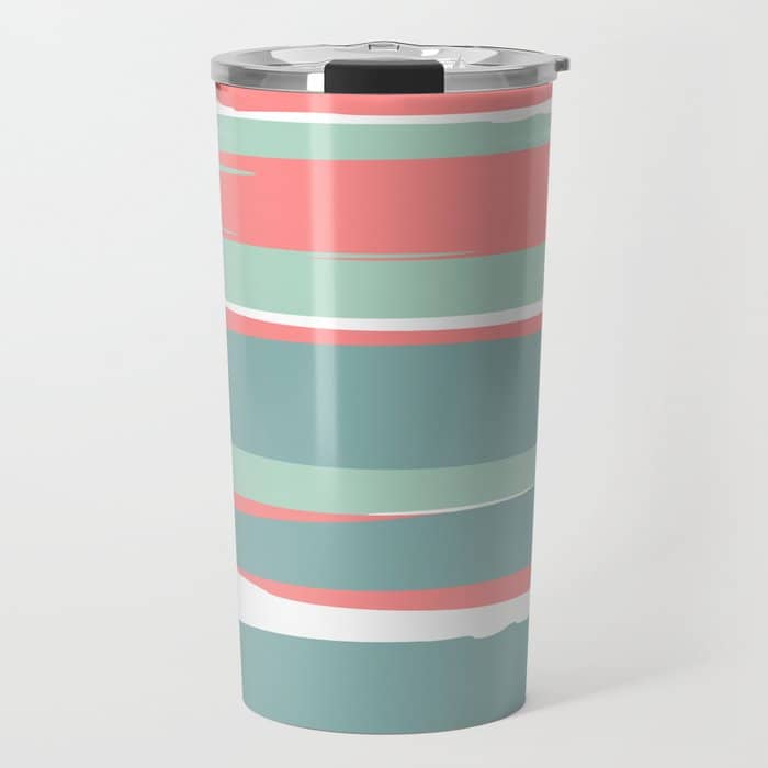 Festive, Abstract, Colorful Stripes, Coral And Teal Green Travel Mug