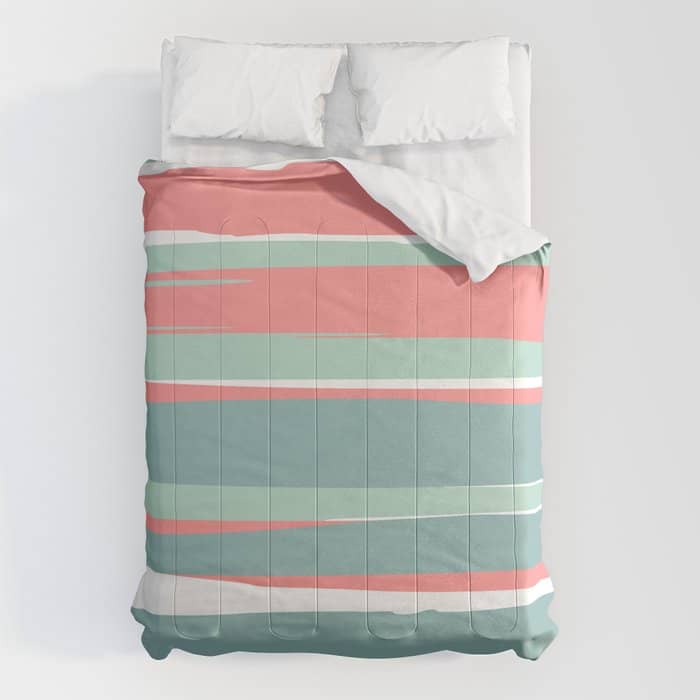 Festive, Abstract, Colorful Stripes, Coral And Teal Green Comforter