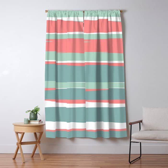 Festive, Abstract, Colorful Stripes, Coral And Teal Green Window Curtain