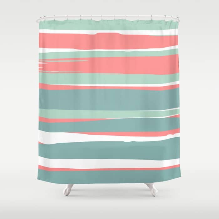 Festive, Abstract, Colorful Stripes, Coral And Teal Green Shower Curtain