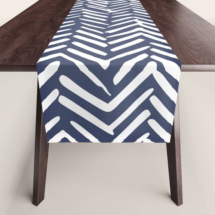 Boho Herringbone Pattern, Navy Blue And White Table Runner