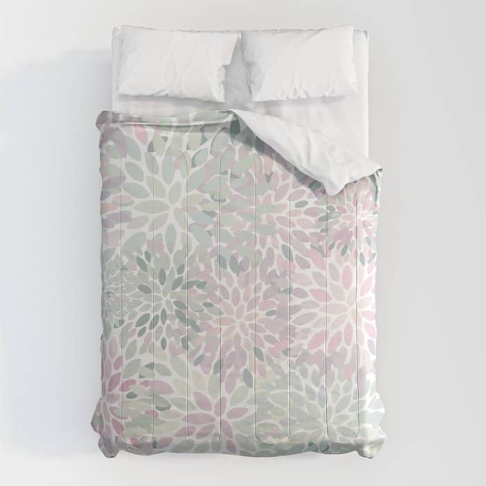 Festive, Floral Prints, Pink And Green, Modern Print Art Comforter