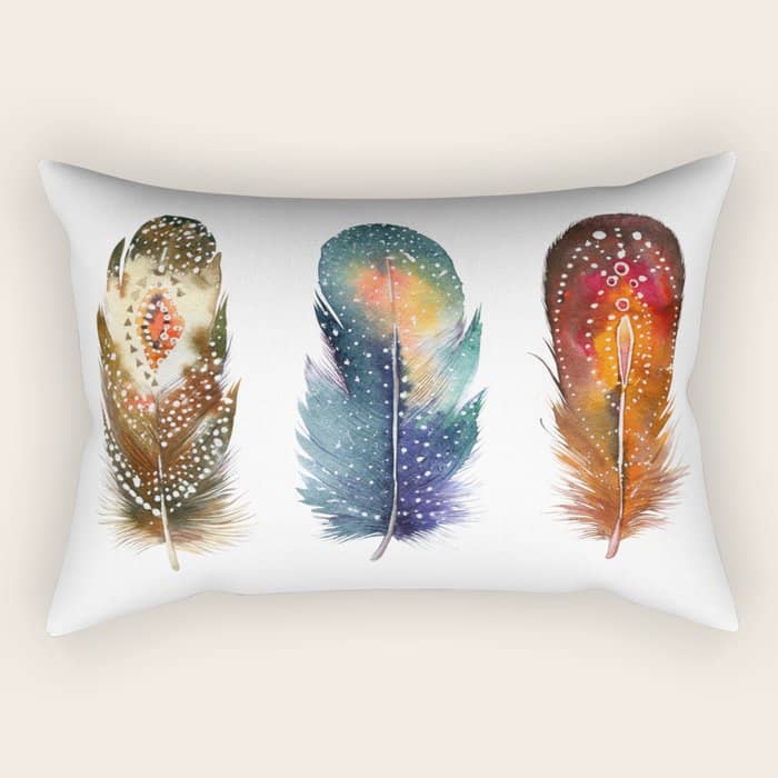 Colorful Magical Mystical Feathers Watercolor Painting Nature Tribal Patterns White Background Rectangular Pillow
