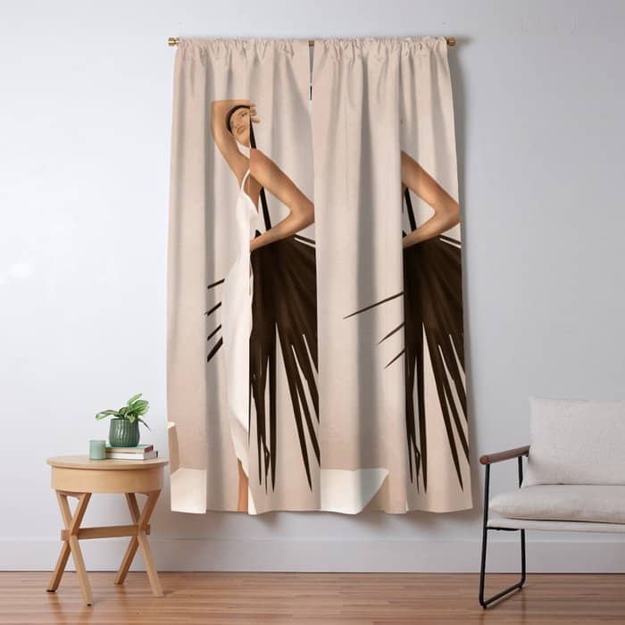 Minimal Woman With A Palm Leaf Window Curtain