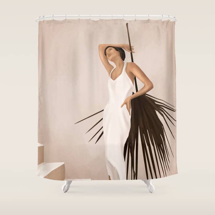 Minimal Woman With A Palm Leaf Shower Curtain