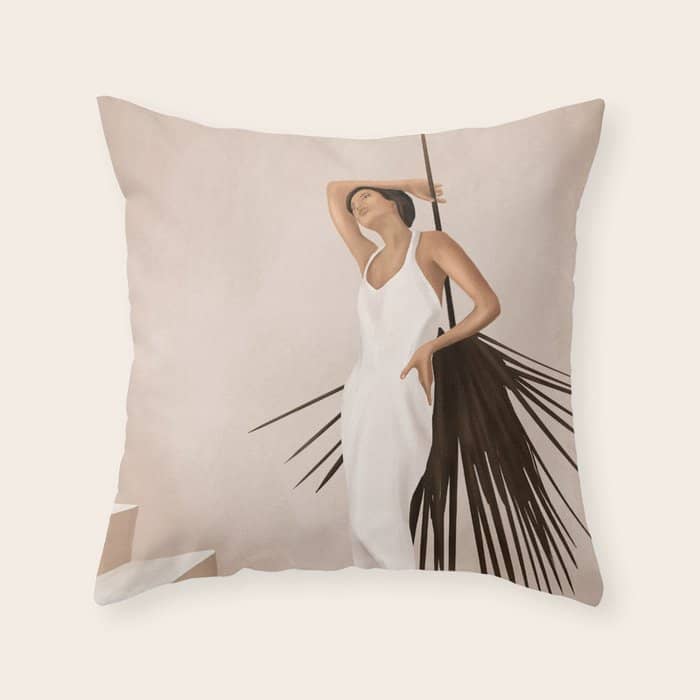 Minimal Woman With A Palm Leaf Throw Pillow