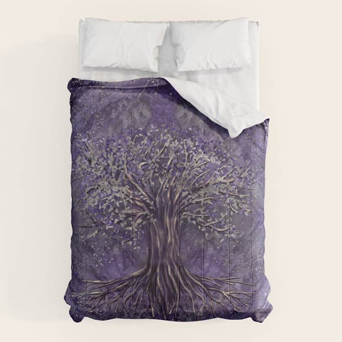 Tree Of Life -Yggdrasil Amethyst And Silver Comforter