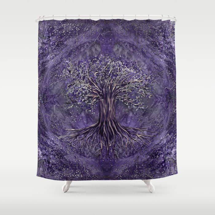 Tree Of Life -Yggdrasil Amethyst And Silver Shower Curtain