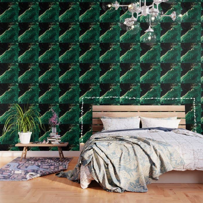 Abstract Pour Painting Liquid Marble Abstract Dark Green Painting Gold Accent Agate Stone Layers Wallpaper