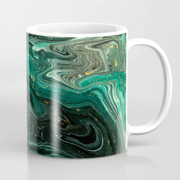Abstract Pour Painting Liquid Marble Dark Green Teal Painting Gold Accent Coffee Mug