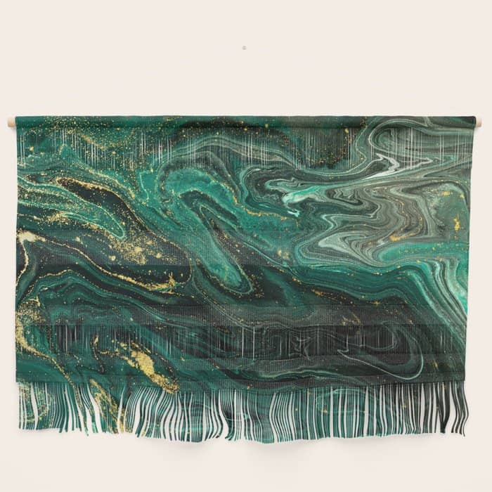 Abstract Pour Painting Liquid Marble Dark Green Teal Painting Gold Accent Wall Hanging