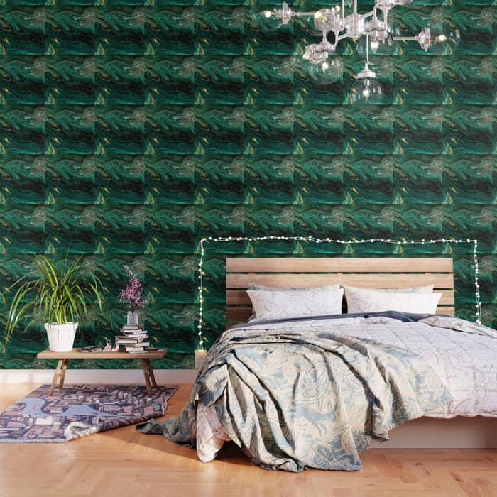 Abstract Pour Painting Liquid Marble Dark Green Teal Painting Gold Accent Wallpaper