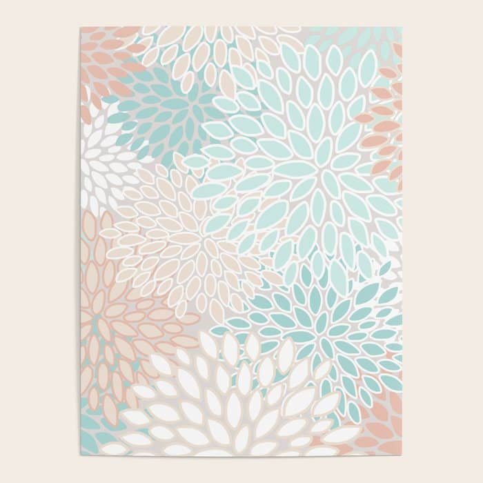 Floral Prints, Soft, Peach And Teal, Modern Print Art Poster