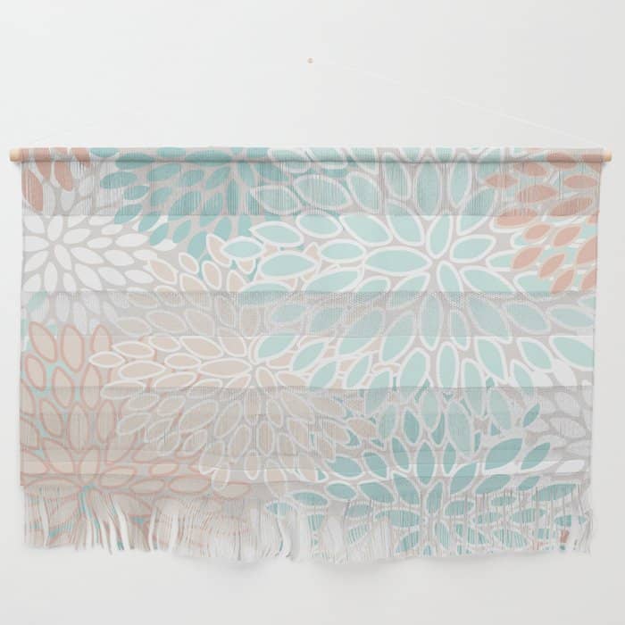 Floral Prints, Soft, Peach And Teal, Modern Print Art Wall Hanging