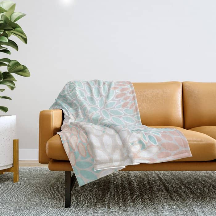 Floral Prints, Soft, Peach And Teal, Modern Print Art Throw Blanket