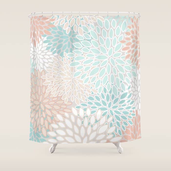 Floral Prints, Soft, Peach And Teal, Modern Print Art Shower Curtain
