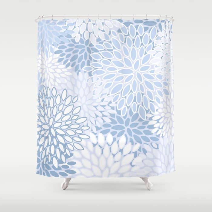 Festive, Winter, Floral Prints, Soft Blue And White Shower Curtain