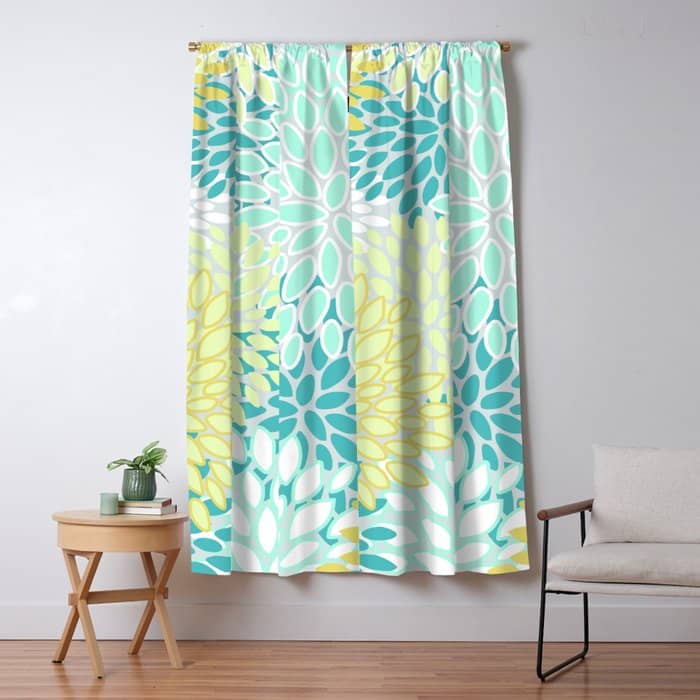 Floral Prints, Teal, Turquoise And Yellow Window Curtain