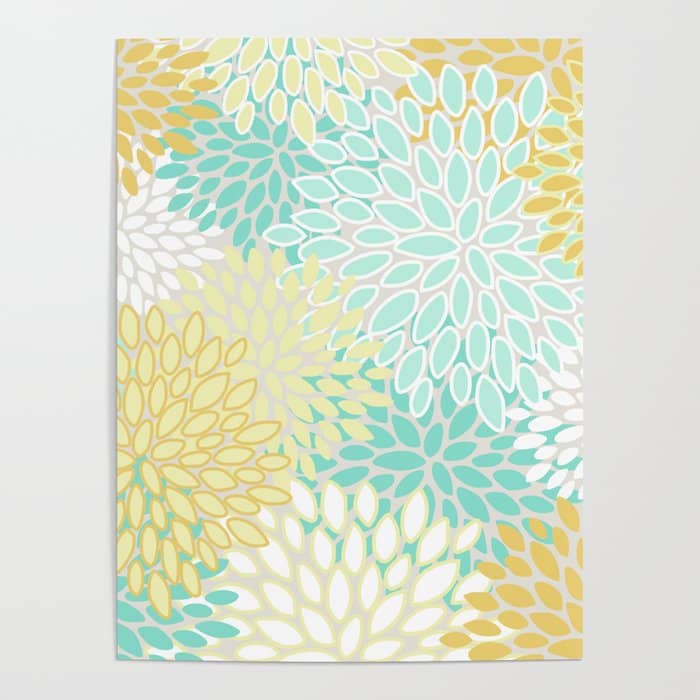 Floral Prints, Mint Green And Yellow, Modern Print Art Poster