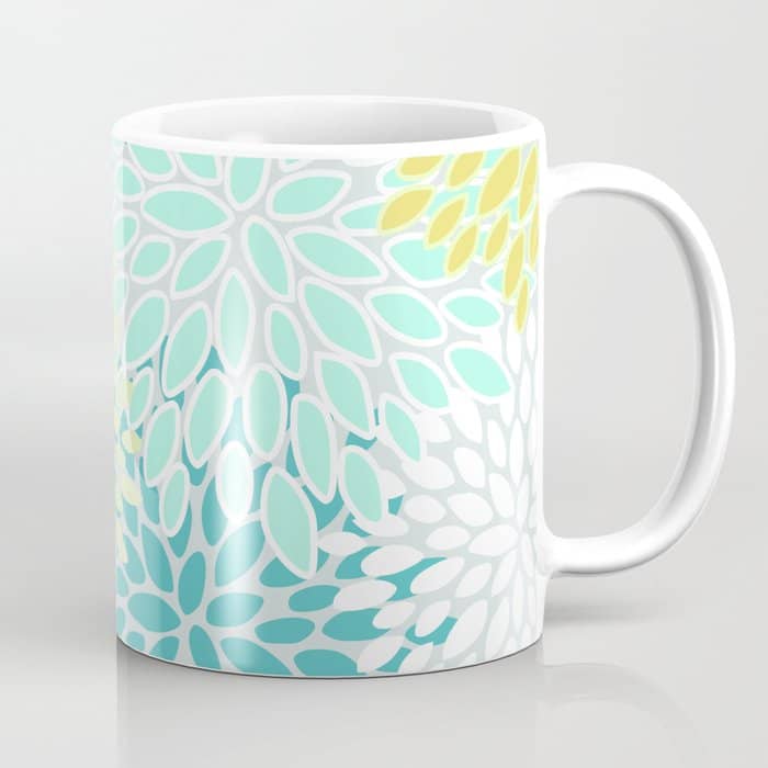 Floral Prints, Teal, Turquoise And Yellow Coffee Mug