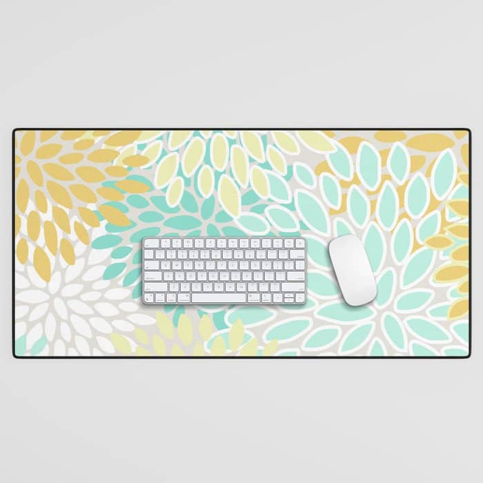 Floral Prints, Mint Green And Yellow, Modern Print Art Desk Mat