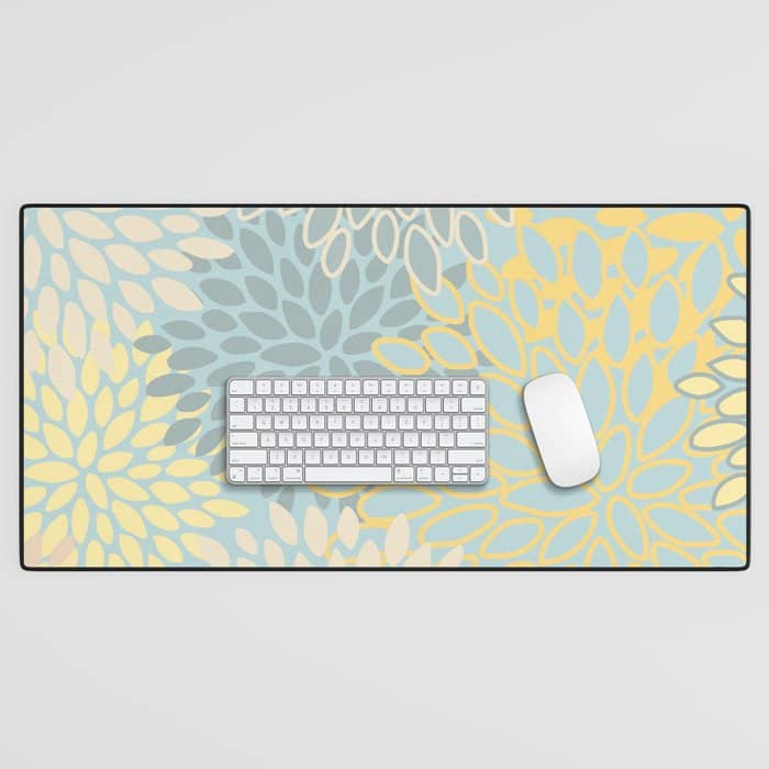Elegant Blooms: Modern Floral Art In Soft Yellow And Teal Desk Mat