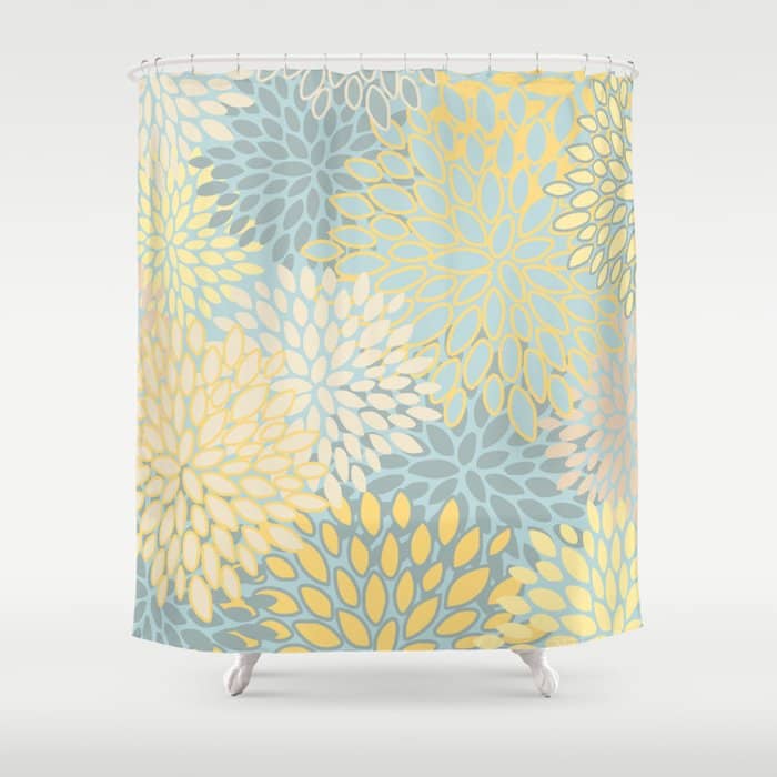 Elegant Blooms: Modern Floral Art In Soft Yellow And Teal Shower Curtain
