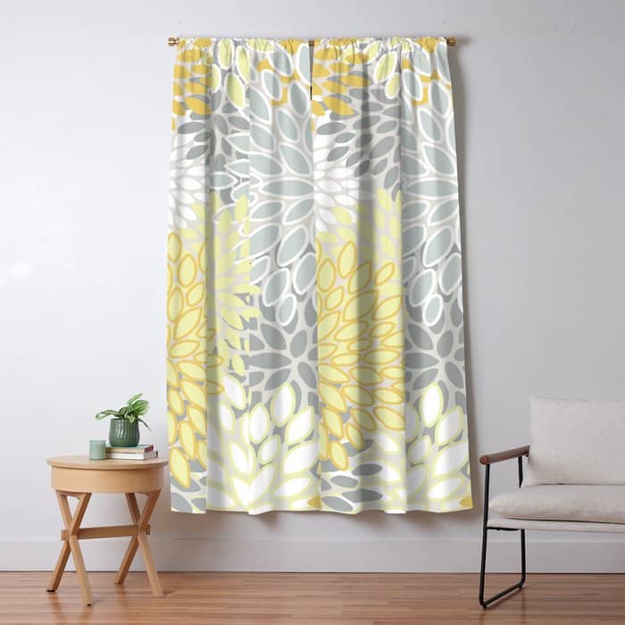Floral Prints, Soft, Yellow And Gray, Modern Print Art Window Curtain