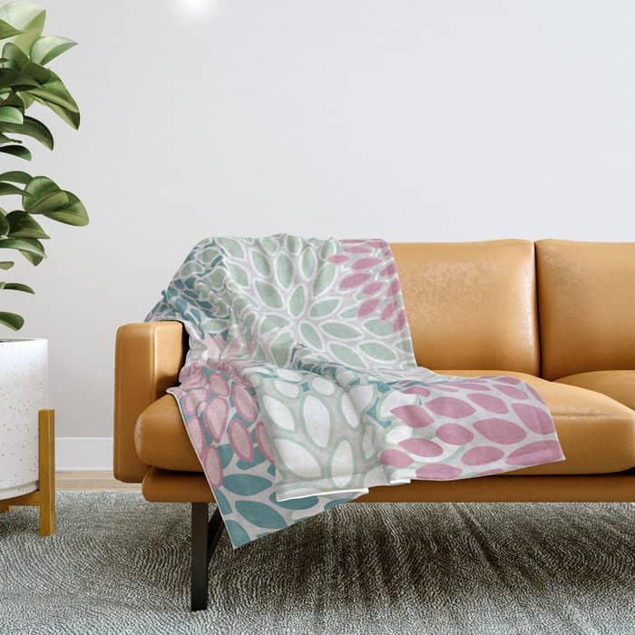 Floral Blooms, Soft Pink, Green And Teal, Design Prints Throw Blanket
