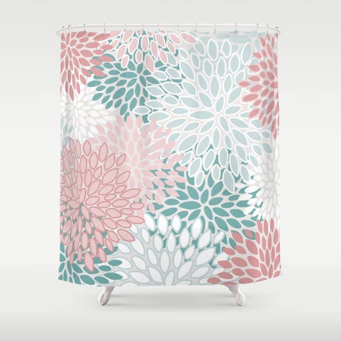 Floral Bloom, Teal, Green, Pink And White Shower Curtain