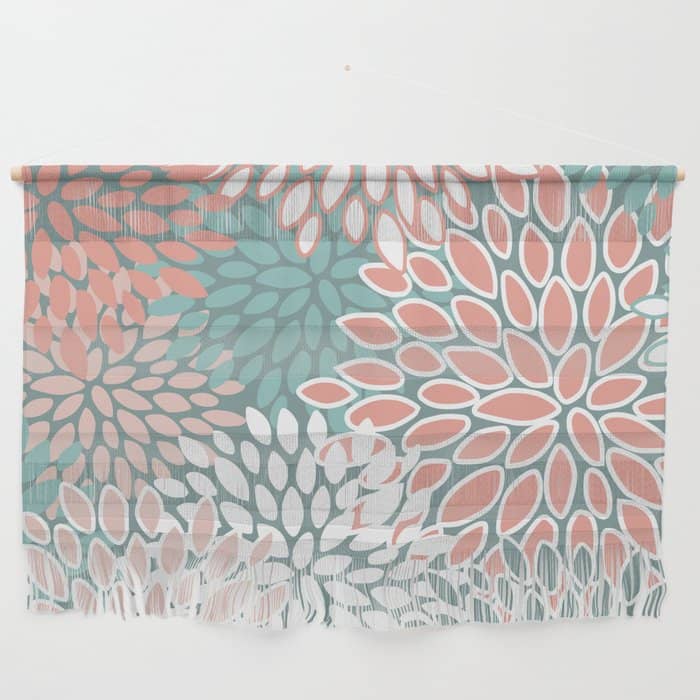 Festive, Floral Prints, Teal And Coral Wall Hanging