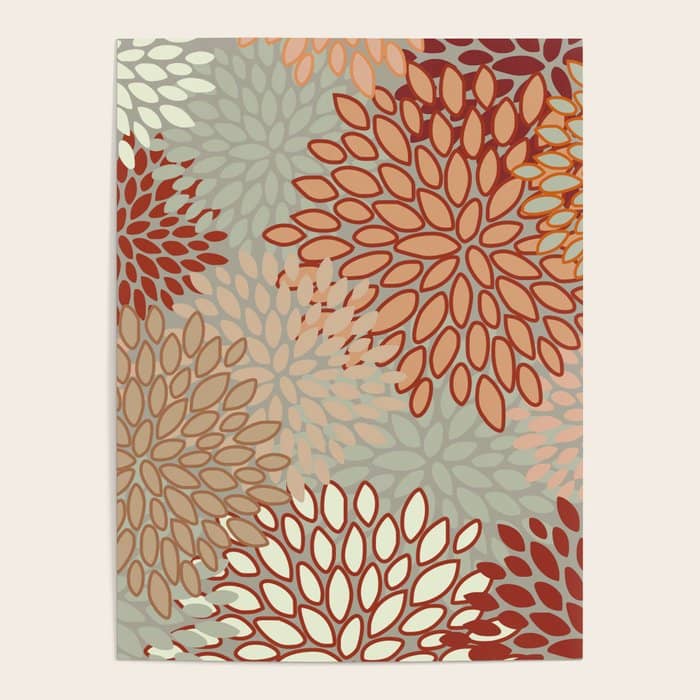 Festive, Floral Prints, Green, Terracotta, Red, Coloured Prints Poster