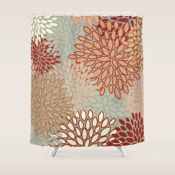Festive, Floral Prints, Green, Terracotta, Red, Coloured Prints Shower Curtain