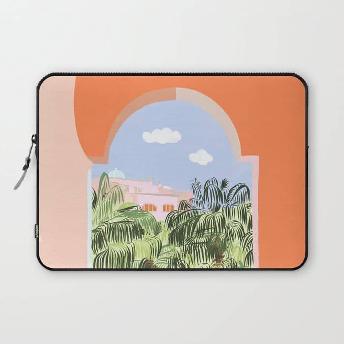Summer Travel, Tropical Nature Palm Trees, Modern Architecture Palace Illustration Painting Laptop Sleeve