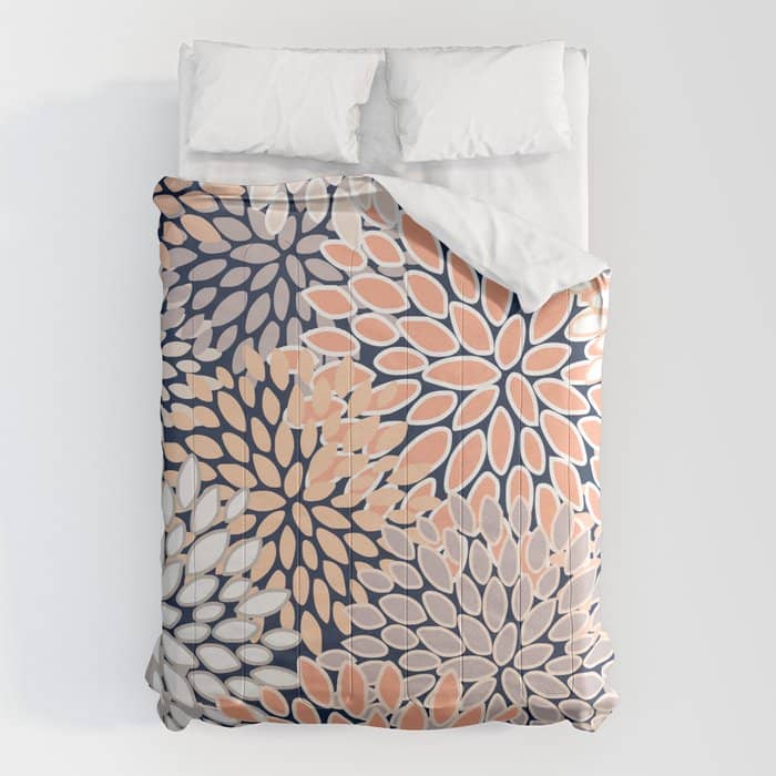 Floral Prints, Navy, Coral, Peach And Gray, Abstract Art, Coloured Prints Comforter