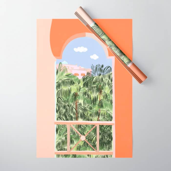 Summer Travel, Tropical Nature Palm Trees, Modern Architecture Palace Illustration Painting Wrapping Paper