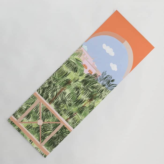 Summer Travel, Tropical Nature Palm Trees, Modern Architecture Palace Illustration Painting Yoga Mat