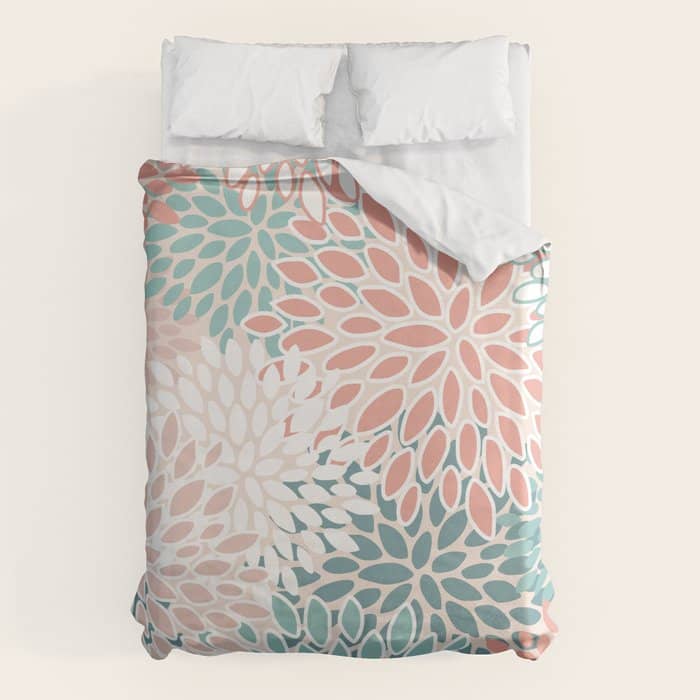 Festive, Floral Prints, Teal, Peach, Coral Duvet Cover