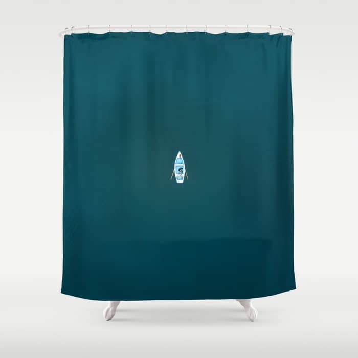 Minimalist Boat In Blue Lake  Shower Curtain