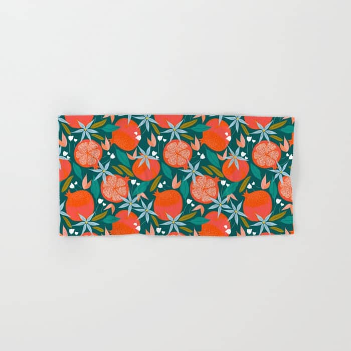 Summer Pomegranate, Tropical Fruit Illustration, Colorful Eclectic Bohemian Juicy Summer Botanical Bath Towel