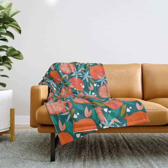 Summer Pomegranate, Tropical Fruit Illustration, Colorful Eclectic Bohemian Juicy Summer Botanical Throw Blanket