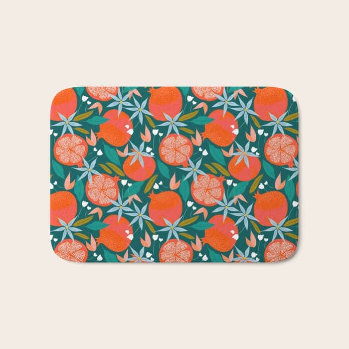 Summer Pomegranate, Tropical Fruit Illustration, Colorful Eclectic Bohemian Juicy Summer Botanical Bath Mat