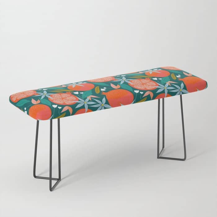 Summer Pomegranate, Tropical Fruit Illustration, Colorful Eclectic Bohemian Juicy Summer Botanical Bench