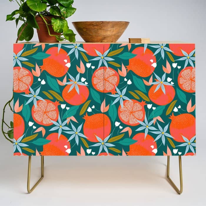 Summer Pomegranate, Tropical Fruit Illustration, Colorful Eclectic Bohemian Juicy Summer Botanical Credenza